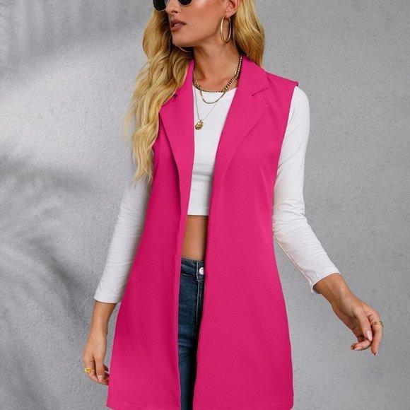 Hot Pink Preppy Womens Solid Lapel Collar Open Front Vest Blazer - Picture 3 of 5